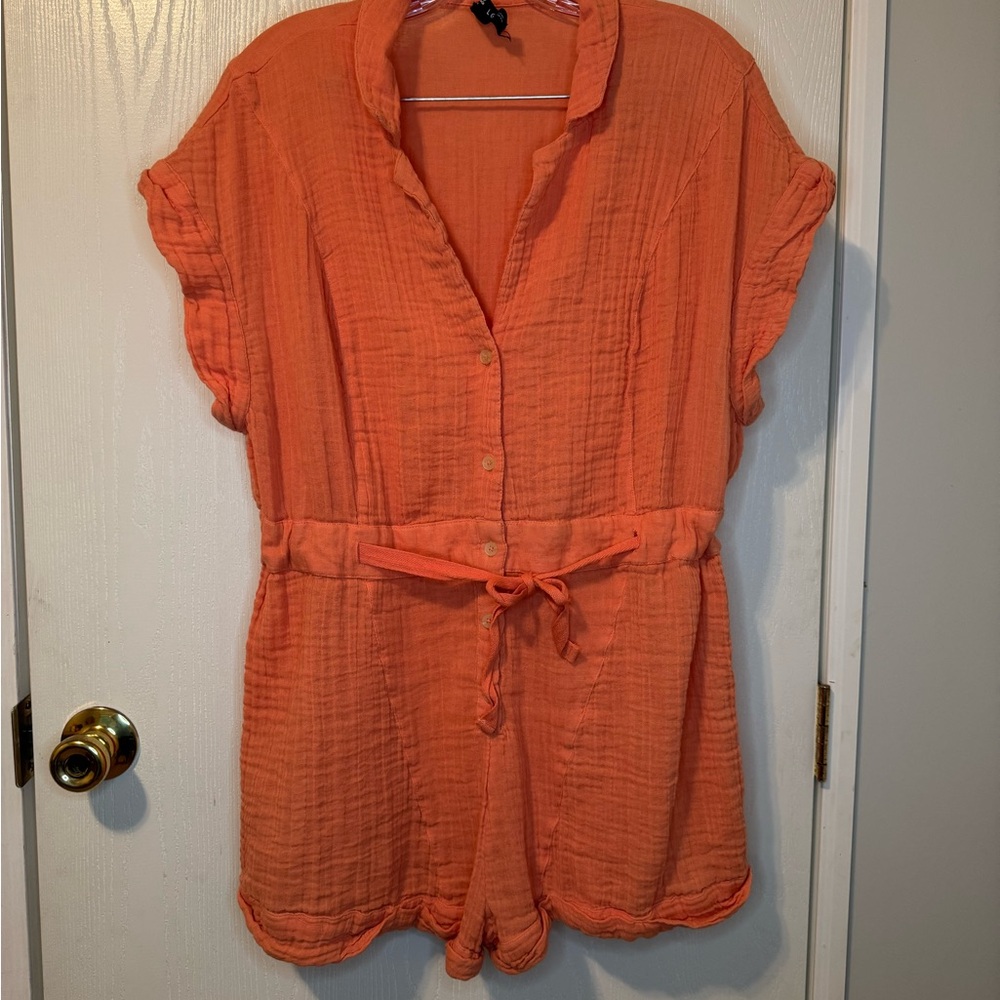 Orange Cotton Gauze Button-Up Romper Cinch Waist Size Large